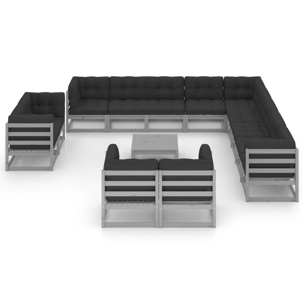 14-tlg. Garten-Lounge-Set mit Kissen Grau Kiefer Massivholz